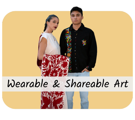 Button reading 'Wearable and Shareable Art' featuring two models wearing dress designed by B Magic Craft Hands.
